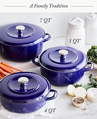 Merten & Storck European Crafted Enameled Iron, Round 7QT Dutch Oven Casserole with Lid, Cobalt Blue