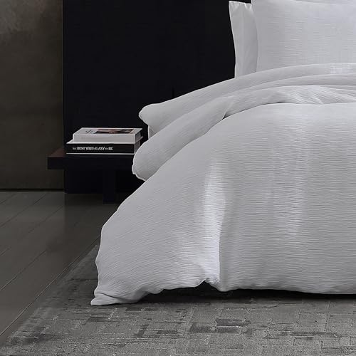 Vera Wang - King Duvet Cover Set, Luxury Cotton Bedding with Button Closure, Includes Matching Shams (Textured Pleats White, King)