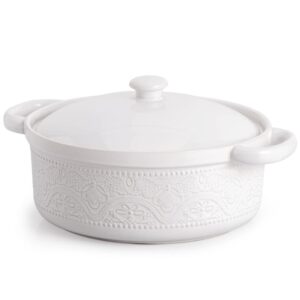 fun elements casserole dish, 2 quart lace emboss dish with lid, oven to table ceramic round serving handles for dinner and party, thanksgiving christmas gifts(bright white)