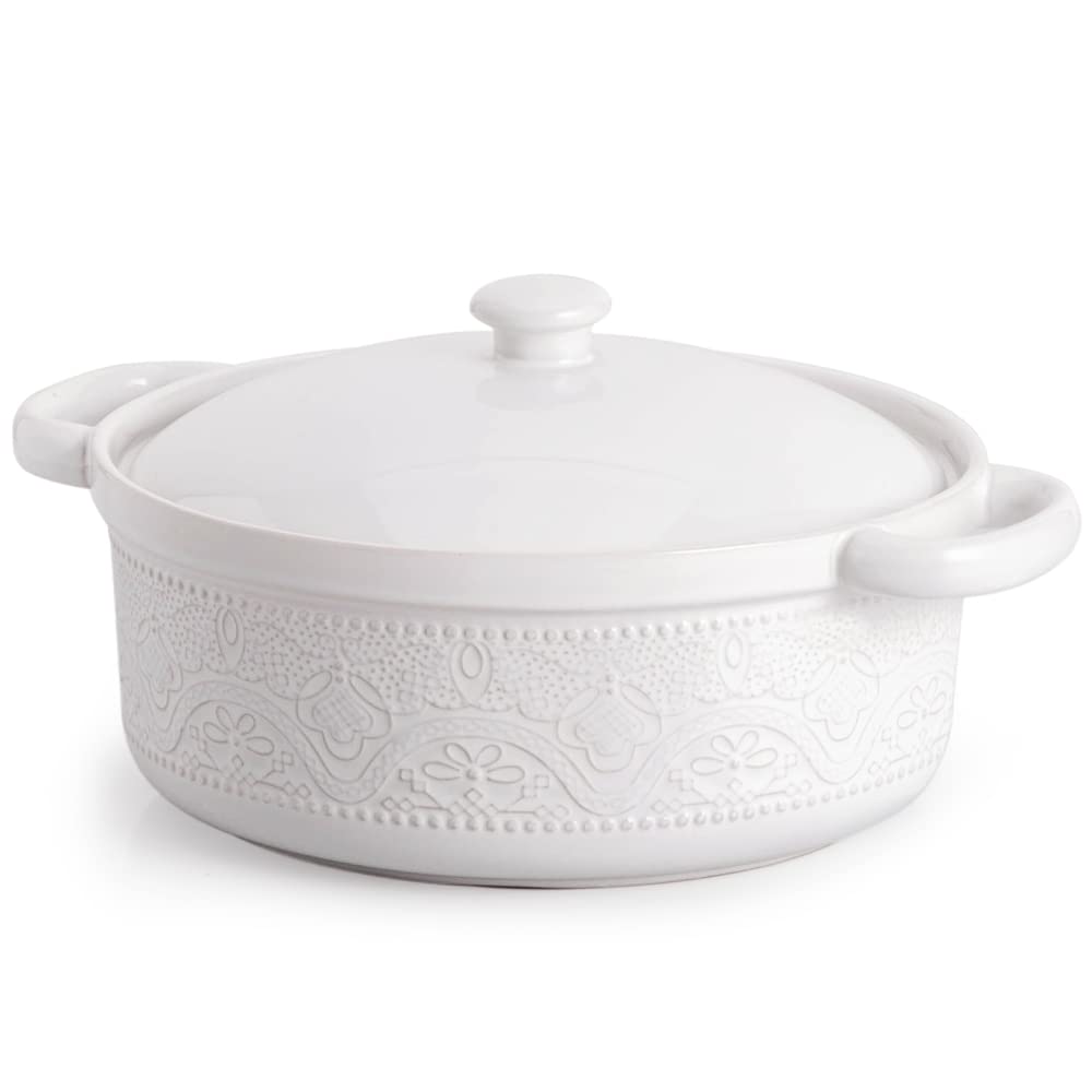 FUN ELEMENTS Casserole Dish, 2 Quart Lace Emboss Dish with Lid, Oven to Table Ceramic Round Serving Handles for Dinner and Party, Thanksgiving Christmas Gifts(Bright White)