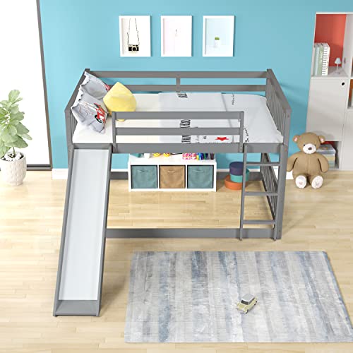 HomSof Solid Wood Full Over Full bunkbed with Slide，Full-Length Safety Guardrails,No Box Spring Needed,Grey