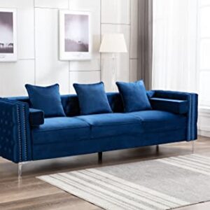 Legend Furniture Velvet Big Comfy Couch Living Room Square Arm Chesterfield 3seats Sofas, 104'', Blue