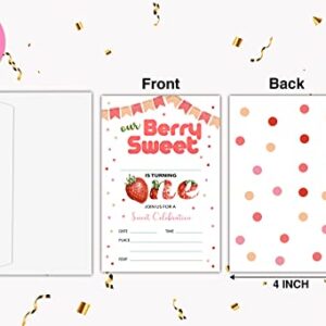 Birthday Party Invitation Cards for Kids, 1st Birthday Party Invites, our berry sweet Strawberry Party Celebration for Birthday, Party Supplies, Decoration, Personalized 20 Cards With Envelopes(D026)