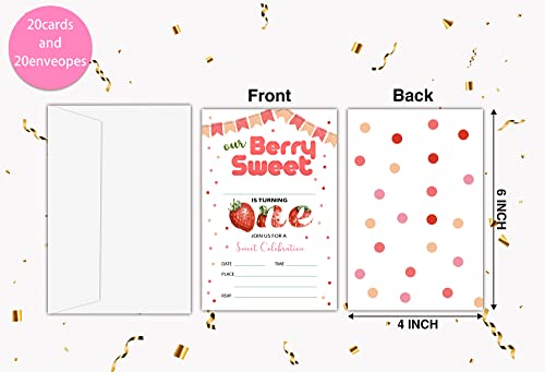 Birthday Party Invitation Cards for Kids, 1st Birthday Party Invites, our berry sweet Strawberry Party Celebration for Birthday, Party Supplies, Decoration, Personalized 20 Cards With Envelopes(D026)