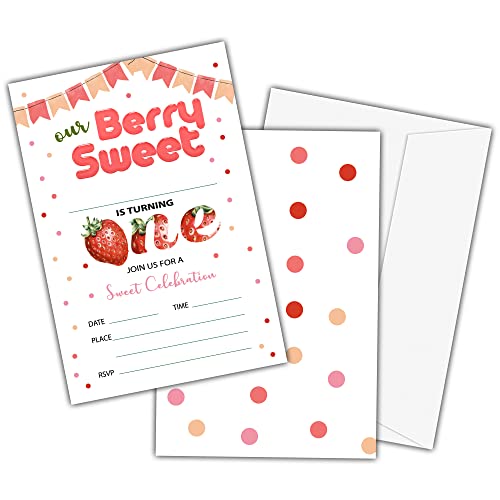 Birthday Party Invitation Cards for Kids, 1st Birthday Party Invites, our berry sweet Strawberry Party Celebration for Birthday, Party Supplies, Decoration, Personalized 20 Cards With Envelopes(D026)