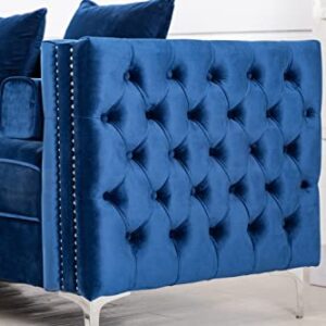 Legend Furniture Velvet Big Comfy Couch Living Room Square Arm Chesterfield 3seats Sofas, 104'', Blue