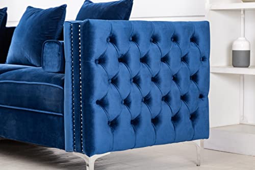 Legend Furniture Velvet Big Comfy Couch Living Room Square Arm Chesterfield 3seats Sofas, 104'', Blue