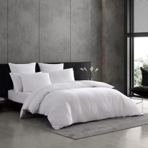 Vera Wang - King Duvet Cover Set, Luxury Cotton Bedding with Button Closure, Includes Matching Shams (Textured Pleats White, King)