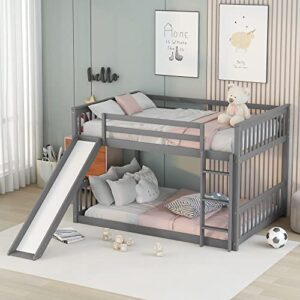 HomSof Solid Wood Full Over Full bunkbed with Slide，Full-Length Safety Guardrails,No Box Spring Needed,Grey