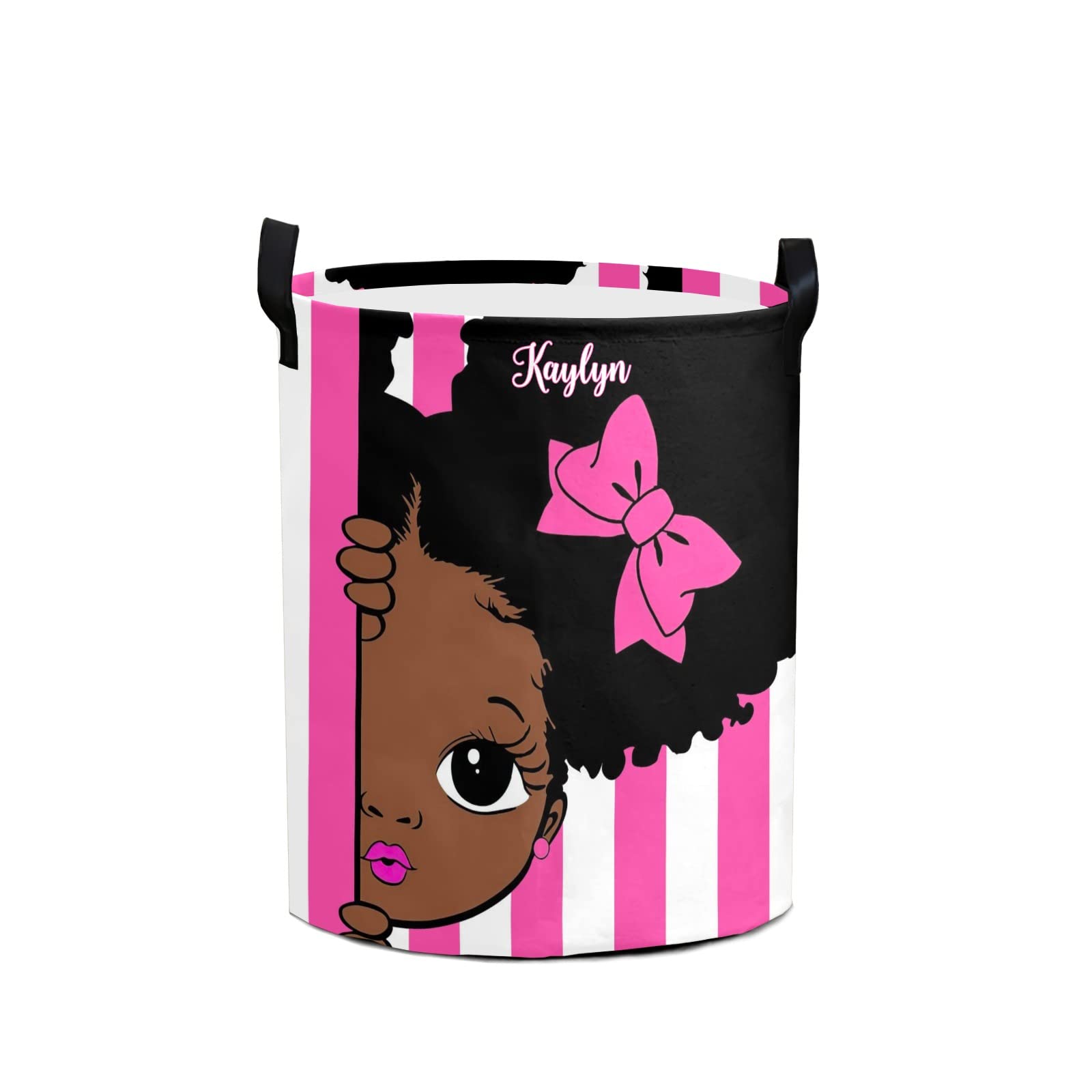 African Black Girl Princess Personalized Laundry Basket Clothes Round Storage Handle Waterproof, Custom Foldable Large Capacity and Lightweight, For Bedroom Bathroom Toy Decoration