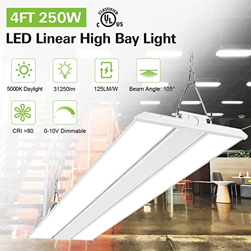 Hykolity 4FT LED Linear High Bay Shop Light, 250W LED Shop Light, 31250lm 125LM/W, 100-277V, 0-10V Dim, 5000K Daylight Linear Hanging Light for Warehouse Workshops