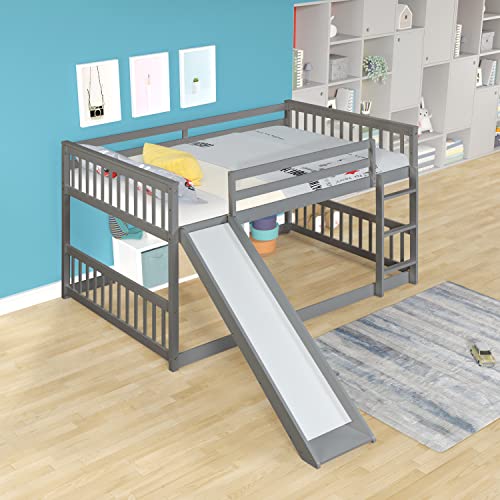 HomSof Solid Wood Full Over Full bunkbed with Slide，Full-Length Safety Guardrails,No Box Spring Needed,Grey