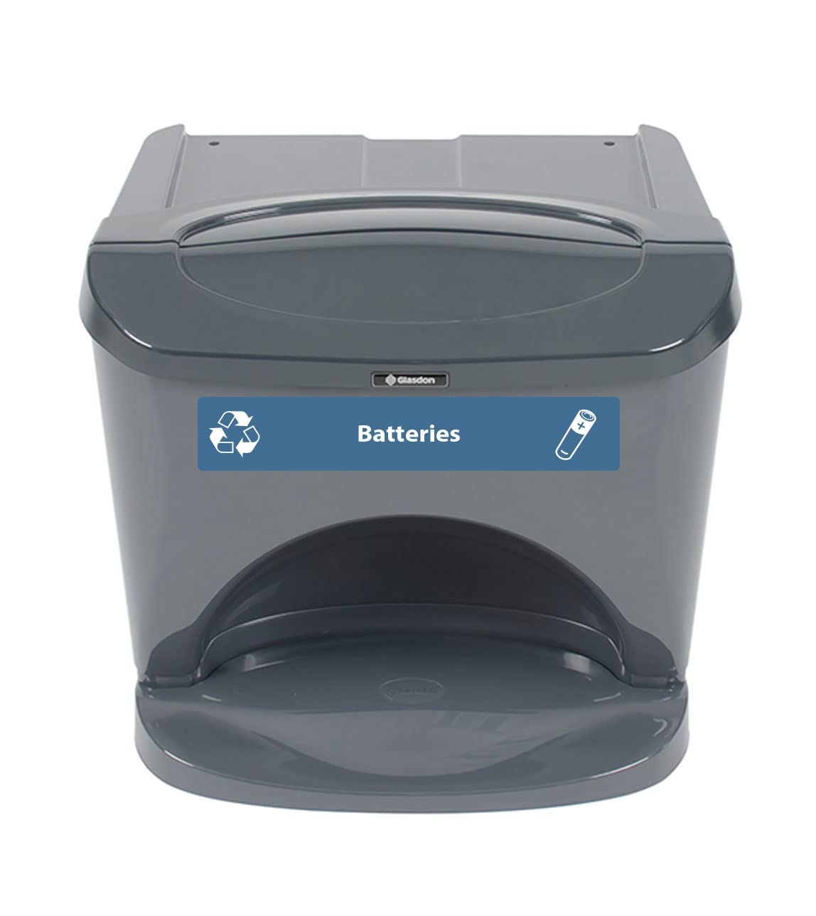 Glasdon Nexus Stack 8G Battery Recycling Bin (Dark Gray, Blue Battery Recycling Decals) – Compact 8-Gallon Stackable Battery Recycle Containers – 1 x 8-Gallon Multi-Waste Battery Bin