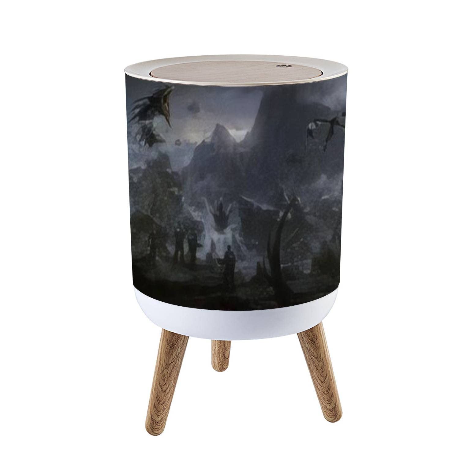 OJNR36WKPD Small Trash Can with Lid Battle Dragon 3D Round Garbage Can Press Cover Wastebasket Wood Waste Bin for Bathroom Kitchen Office 7L/1.8 Gallon