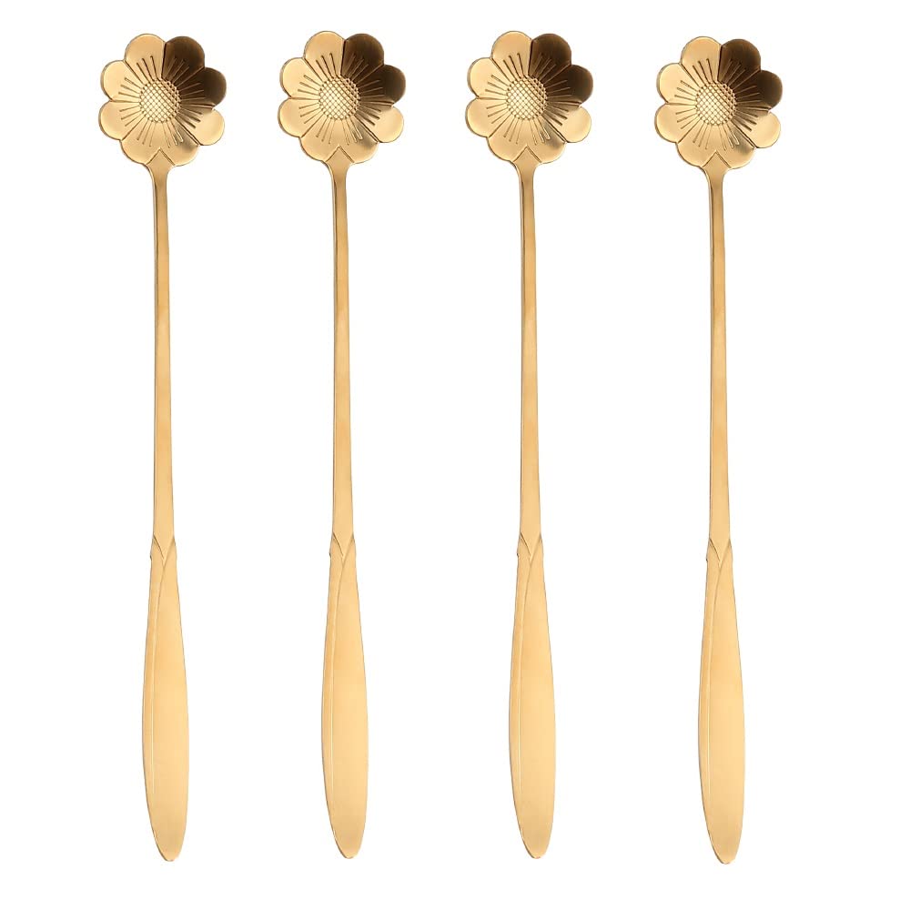 16 Pieces Flower Spoon Coffee Teaspoon 7 Inch Stainless Steel Long Handle Spoon Stir Bar Spoon Stirring Spoon Ice Cream Spoon Gold Cosmos Flower Shaped