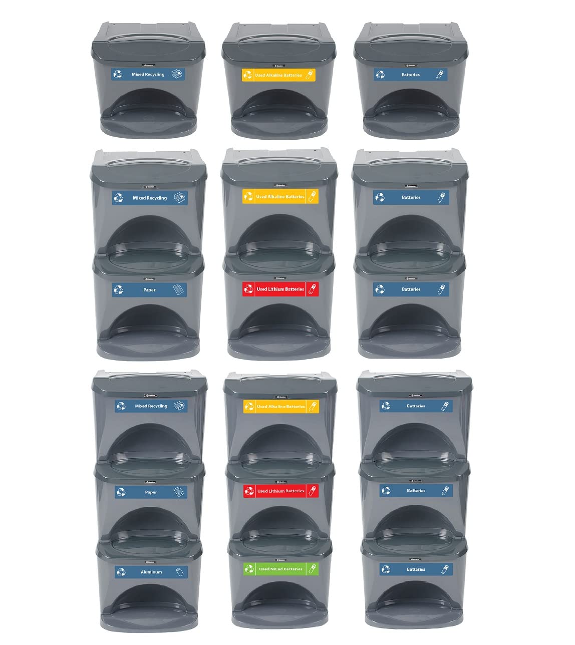 Glasdon Nexus Stack 8G Battery Recycling Bin (Dark Gray, Blue Battery Recycling Decals) – Compact 8-Gallon Stackable Battery Recycle Containers – 1 x 8-Gallon Multi-Waste Battery Bin