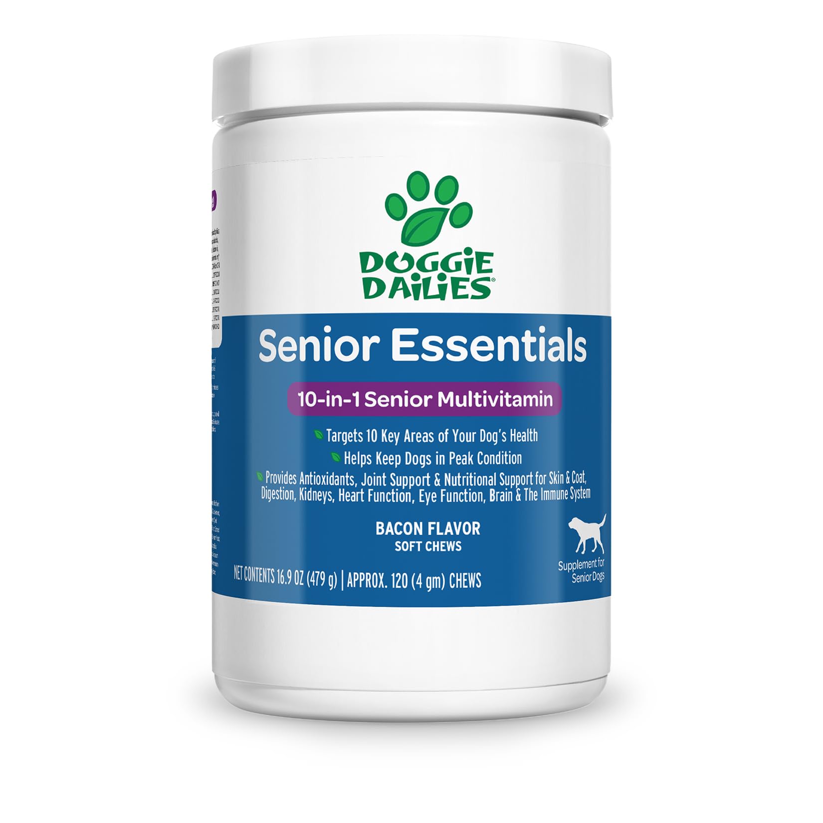 Doggie Dailies Senior Essentials Multivitamin for Dogs Soft Chews | Advanced Dog Multivitamin | Nutritional Support for Joints, Skin & Coat, Digestion, and the Immune System | Bacon Flavor | 120 Count