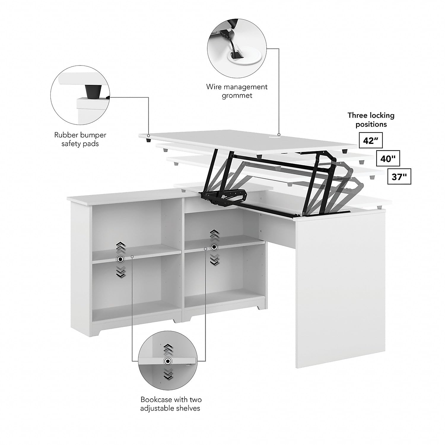 Bush Furniture Cabot 3 Position Sit to Stand Bookcase Corner Desk with Shelves, 52W, White