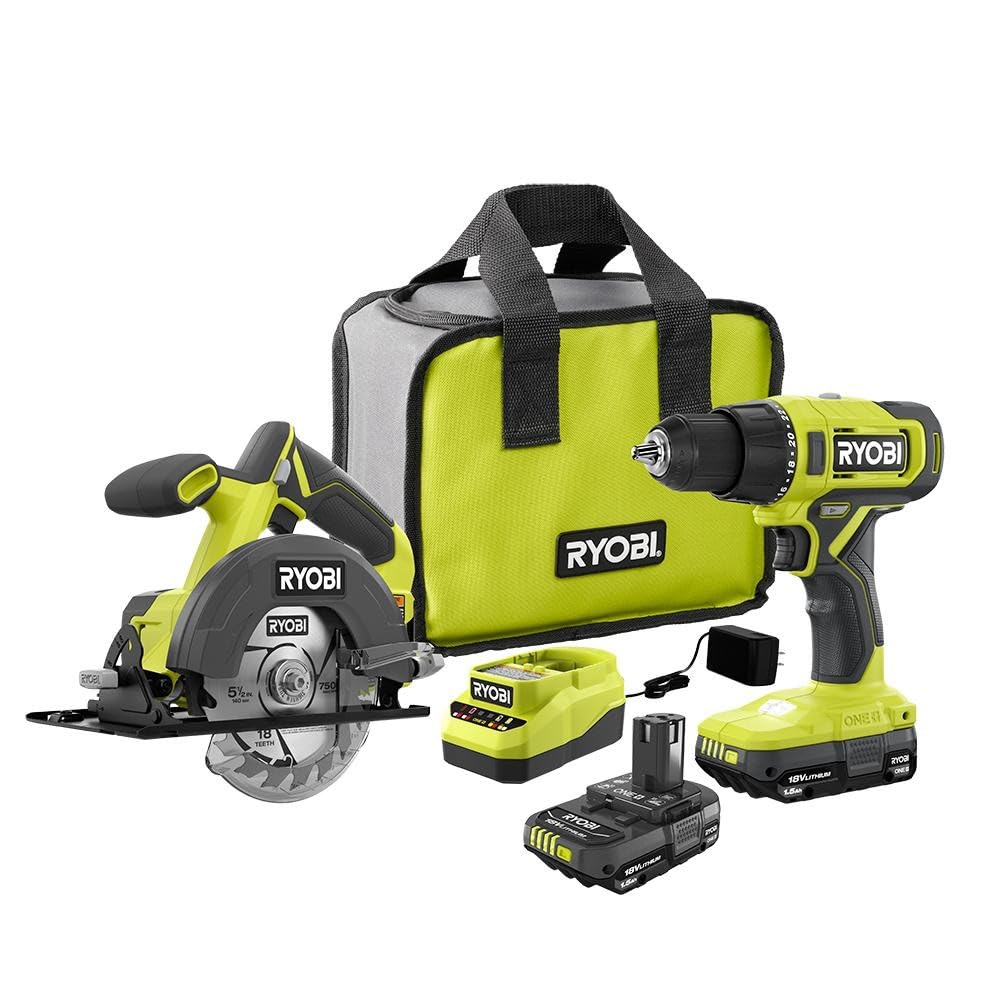 RYOBI ONE+ 18V Cordless 2-Tool Combo Kit with Drill/Driver, Circular Saw, (2) 1.5 Ah Batteries, & Charger, (PCL1201K2)