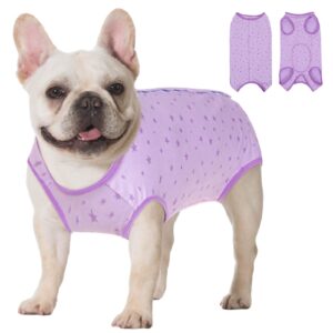 koeson recovery suit for female dogs, dog recovery suit after spay abdominal wounds protector, bandages cone e-collar alternative surgical onesie anti licking purple stars xl