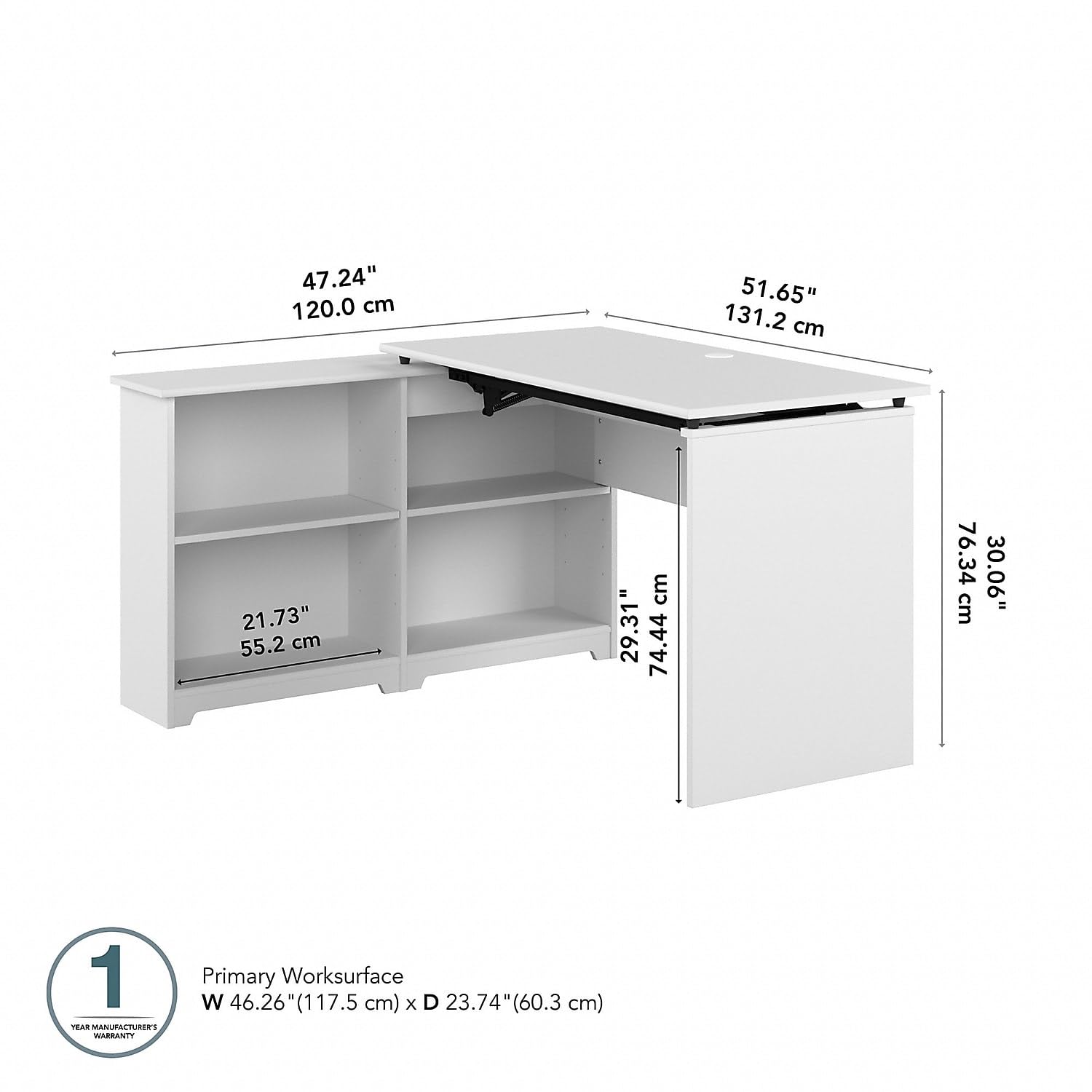 Bush Furniture Cabot 3 Position Sit to Stand Bookcase Corner Desk with Shelves, 52W, White