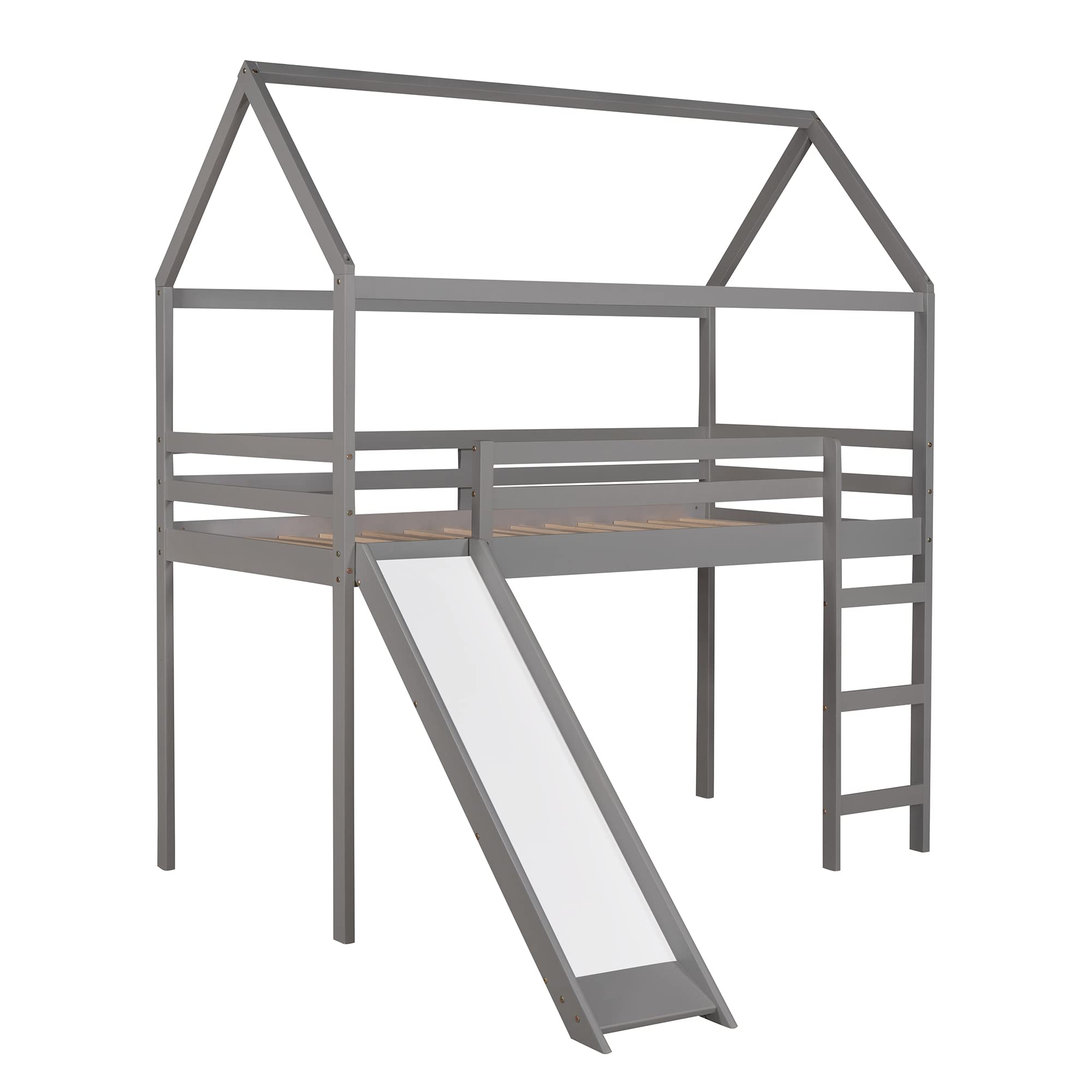 Harper & Bright Designs Twin Size Loft Bed with Slide, Kids House Bed with Slide, Solid Wood Bed Frame for Kids Girls & Boys, Gray