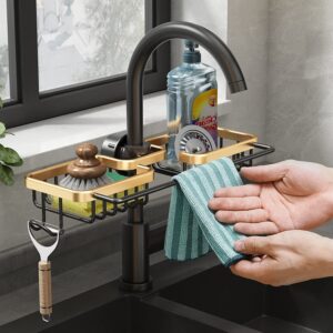 WINGSIGHT Faucet Sponge Holder Kitchen Sink Caddy Organizer Over Faucet Hanging Faucet Drain Rack for Sink Organizer (Double with Dishcloth Rack, Golden)