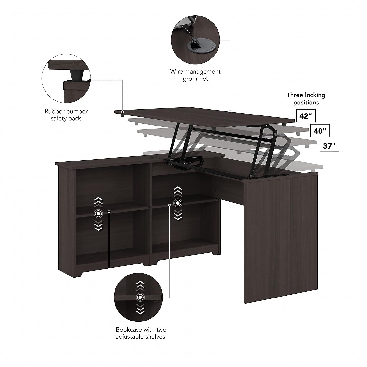 Bush Furniture Cabot 52W 3 Position Sit to Stand Corner Desk with Shelves in Heather Gray