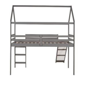 Harper & Bright Designs Twin Size Loft Bed with Slide, Kids House Bed with Slide, Solid Wood Bed Frame for Kids Girls & Boys, Gray