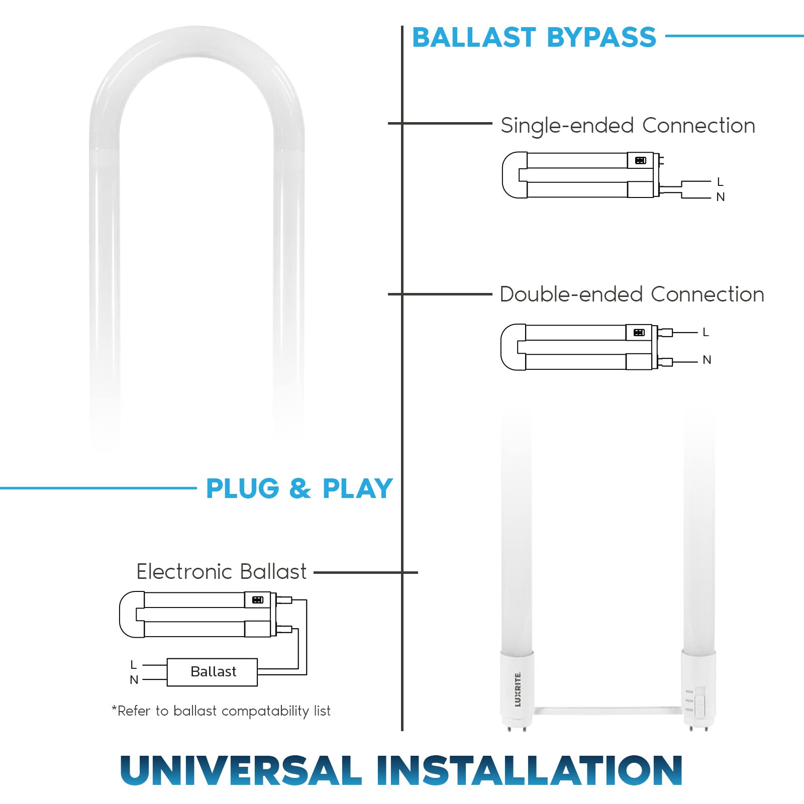 Luxrite U Bend LED Tube Light, T8 T12, 17.5W (32W Equivalent), 3 Colors 3500K | 4000K | 5000K, 2100 Lumens, Fluorescent Light Tube Replacement, Direct or Ballast Bypass, UL Certified, G13 Base, 2-Pack