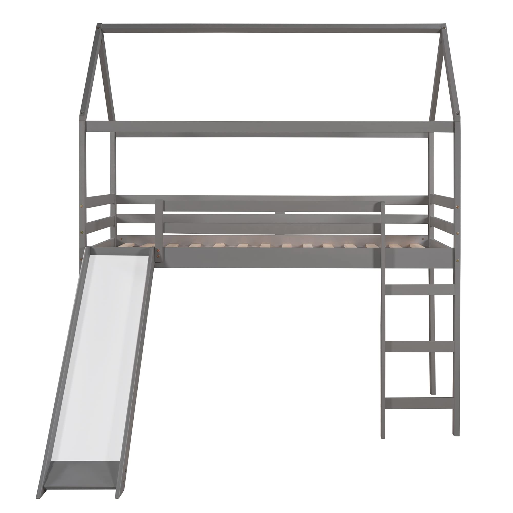 Harper & Bright Designs Twin Size Loft Bed with Slide, Kids House Bed with Slide, Solid Wood Bed Frame for Kids Girls & Boys, Gray