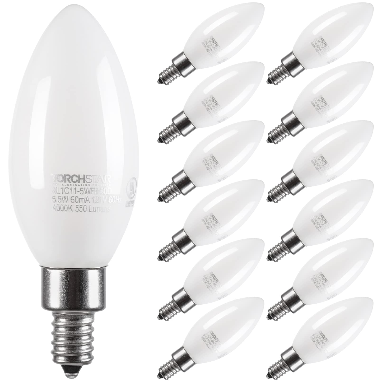 TORCHSTAR 12-Pack Dimmable E12 LED Candelabra Bulb, UL Listed, 60W Equivalent Chandelier Light Bulbs, 550LM, LED Filament Candle Bulb C11, Frosted Glass Ceiling Fan Light Bulbs, 4000K Cool White