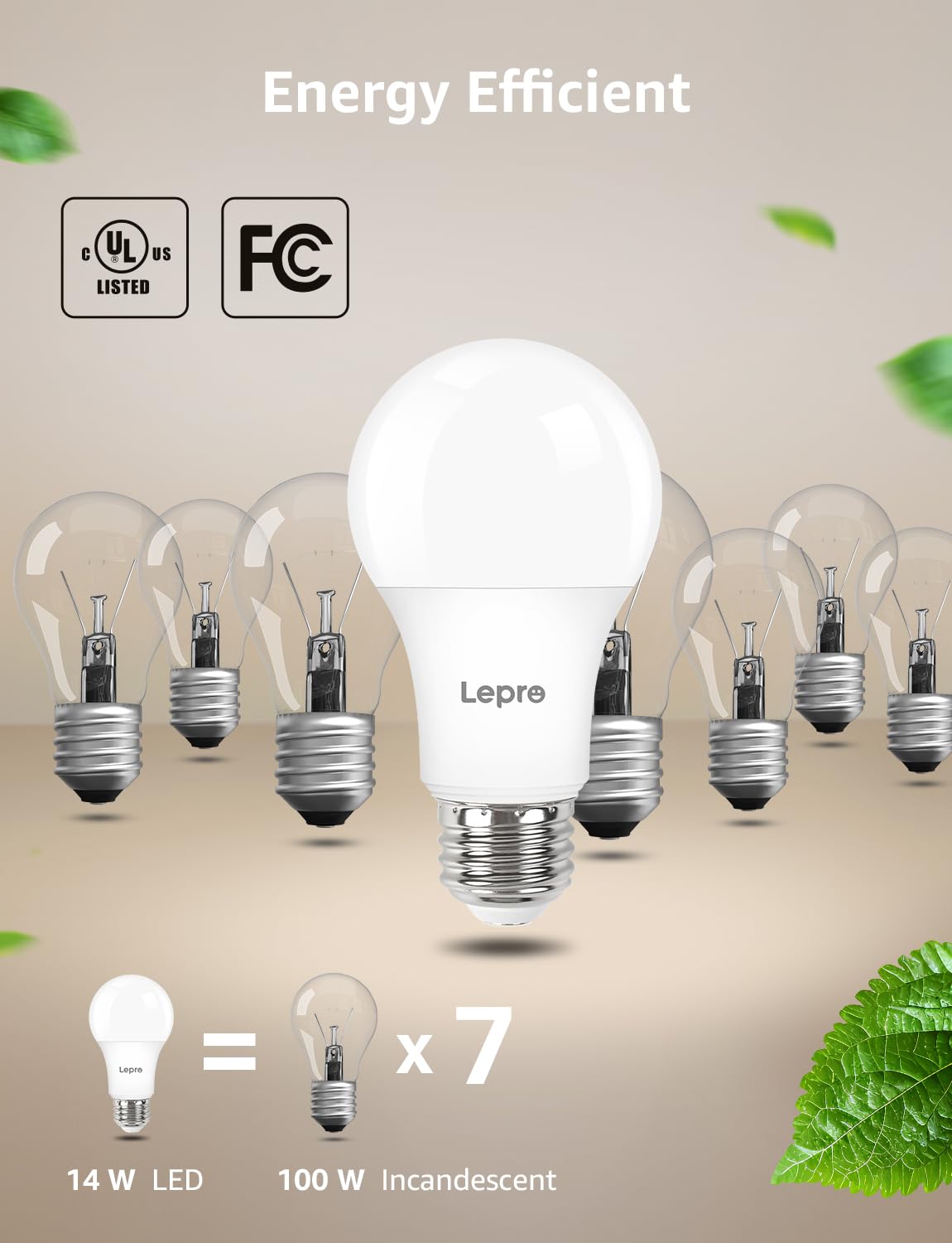 Lepro Dimmable LED Light Bulbs 100 Watt Equivalent, 14W 1500LM Daylight White 5000K, A19 E26 Standard Medium Base, UL FCC Listed, 15000 Hour Lifetime, 6 Pcs