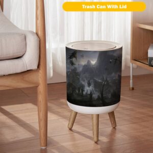 OJNR36WKPD Small Trash Can with Lid Battle Dragon 3D Round Garbage Can Press Cover Wastebasket Wood Waste Bin for Bathroom Kitchen Office 7L/1.8 Gallon