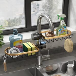 WINGSIGHT Faucet Sponge Holder Kitchen Sink Caddy Organizer Over Faucet Hanging Faucet Drain Rack for Sink Organizer (Double with Dishcloth Rack, Golden)