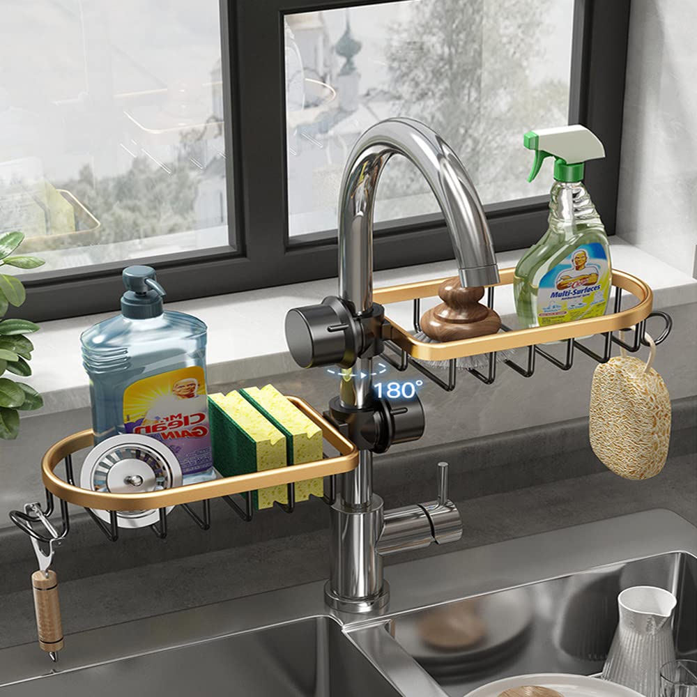 WINGSIGHT Faucet Sponge Holder Kitchen Sink Caddy Organizer Over Faucet Hanging Faucet Drain Rack for Sink Organizer (Double with Dishcloth Rack, Golden)