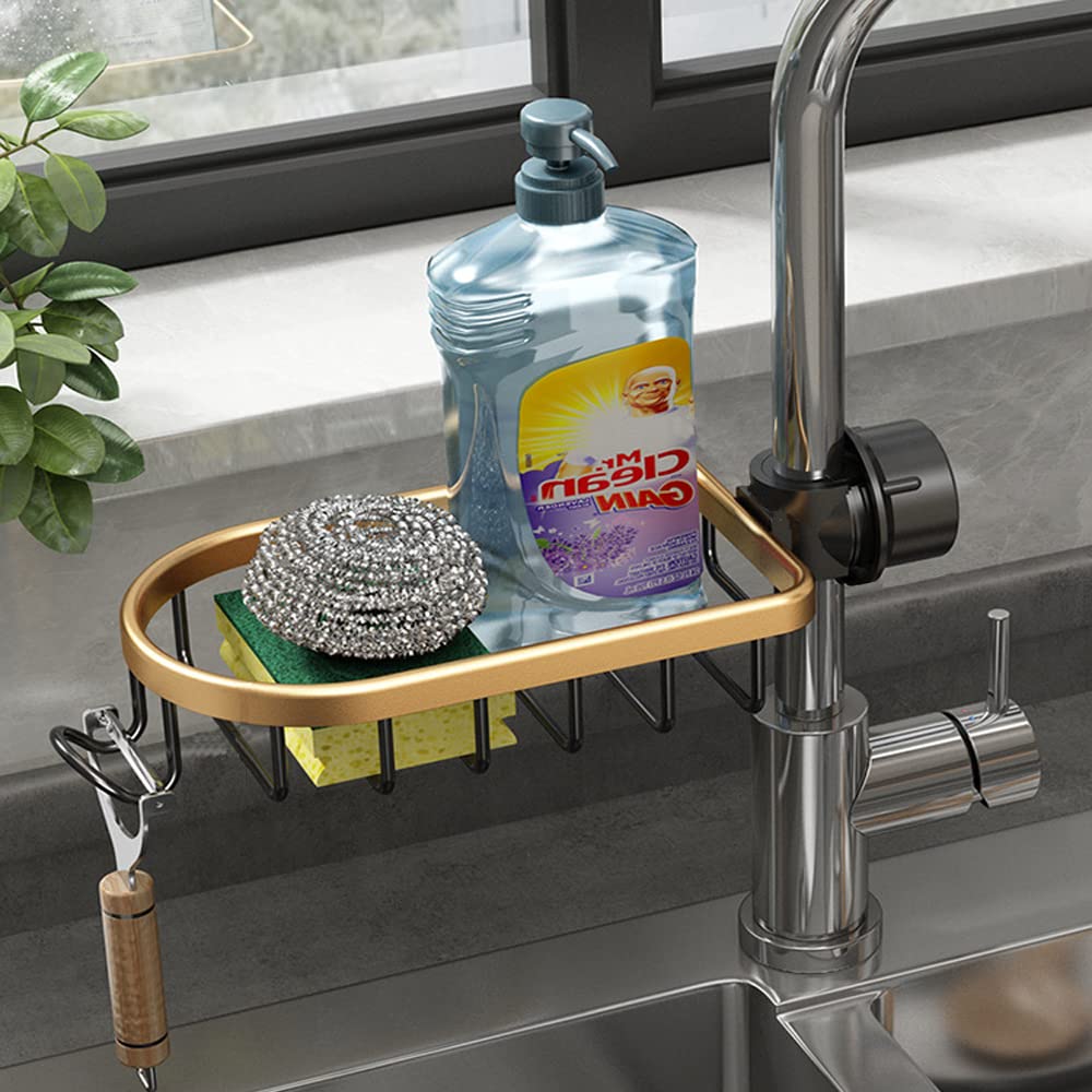 WINGSIGHT Faucet Sponge Holder Kitchen Sink Caddy Organizer Over Faucet Hanging Faucet Drain Rack for Sink Organizer (Double with Dishcloth Rack, Golden)