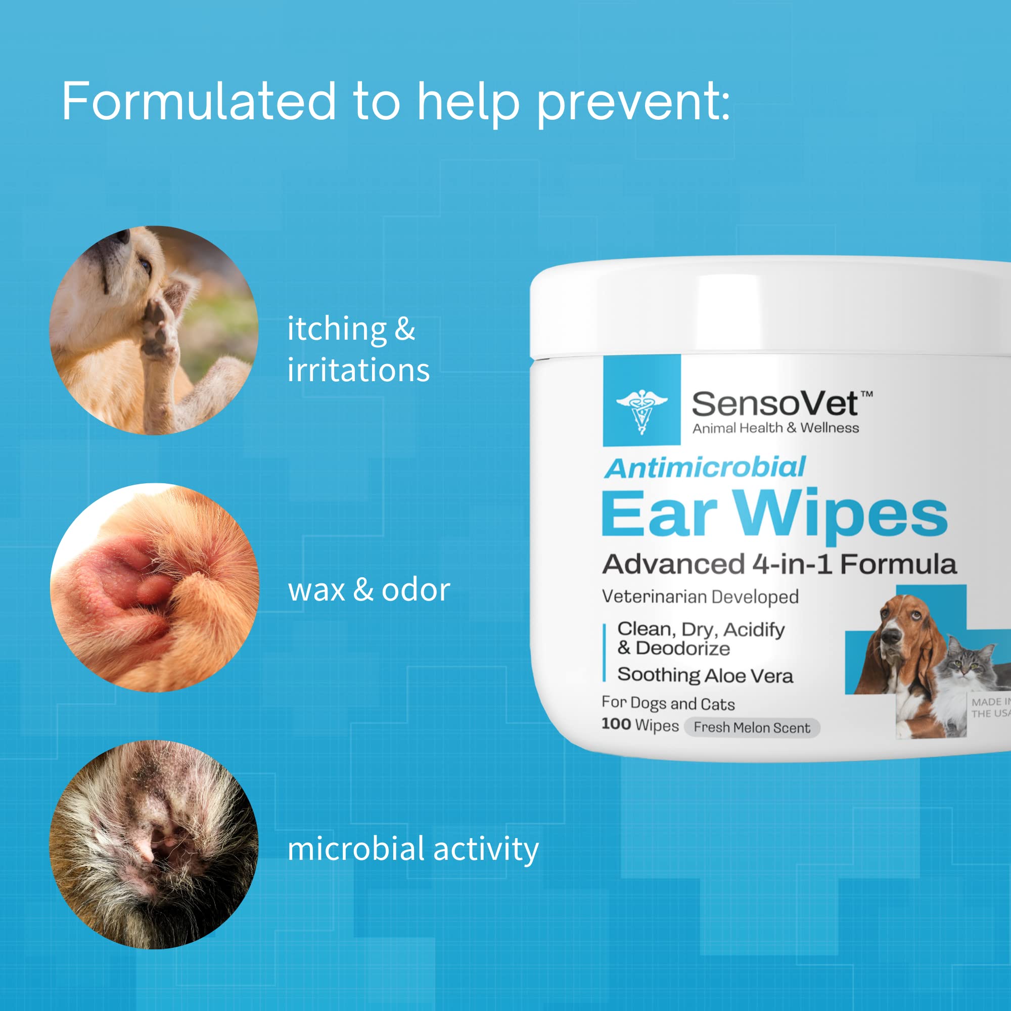 SensoVet 4-in-1 Ear Wipes for Dogs & Cats: Quick-Clean Formula with Aloe Vera – Deodorizes, Acidifies & Dries – Alcohol & Sting-Free – Promotes Healthy Ears