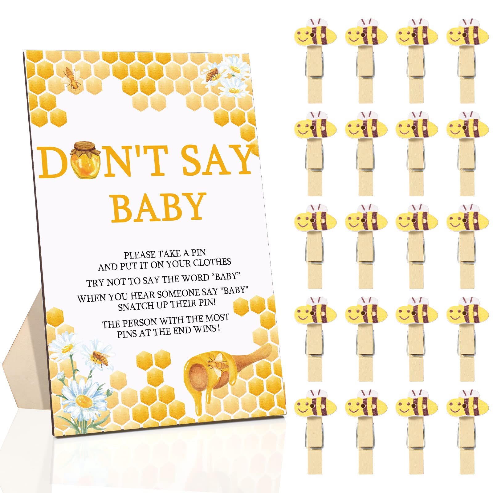 Unittype 51 Pcs Don't Say Baby Shower Game Supplies Include Bee Theme Baby Shower Sign and 50 Mini Bee Clothespins for Boys Girls Gender Reveal Baby Shower Prizes Game