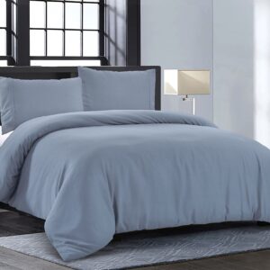 Pure Bedding Duvet Cover Queen [3-Piece, Ash Blue] - 1 Comforter Protector with Zipper Flap and 2 Pillow Shams - Hotel Luxury 1800 Brushed Microfiber - Ultra Soft, Cool and Breathable Comforter Cover