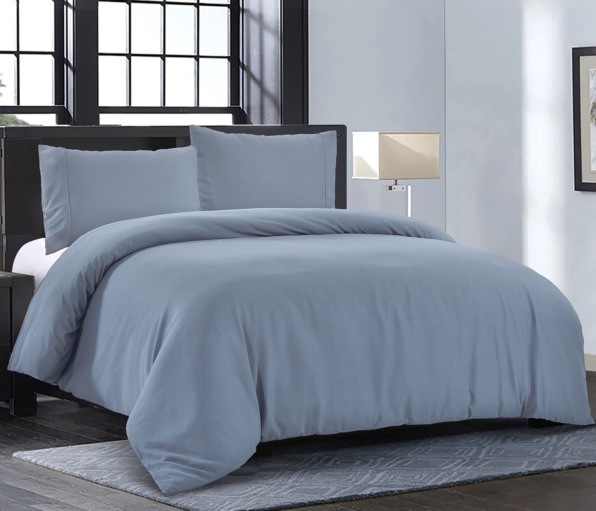 Pure Bedding Duvet Cover Queen [3-Piece, Ash Blue] - 1 Comforter Protector with Zipper Flap and 2 Pillow Shams - Hotel Luxury 1800 Brushed Microfiber - Ultra Soft, Cool and Breathable Comforter Cover