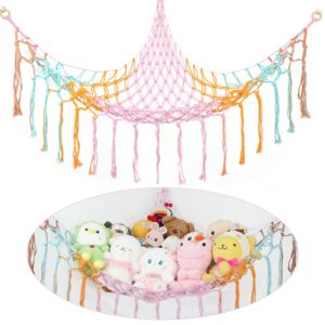 boho stuffed animals net or hammock large,55 inch toy hammock macrame stuff animal storage corner hanging net holder,mesh hammock plush toy organizer with hooks for bedroom,nursery (colorful)