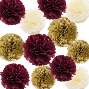 decorations 2024 maroon graduation/burgundy gold cream birthday decorations for women 40th/50th birthday 12pcs tissue paper pom poms maroon burgundy gold wedding/bridal shower retirement decorations