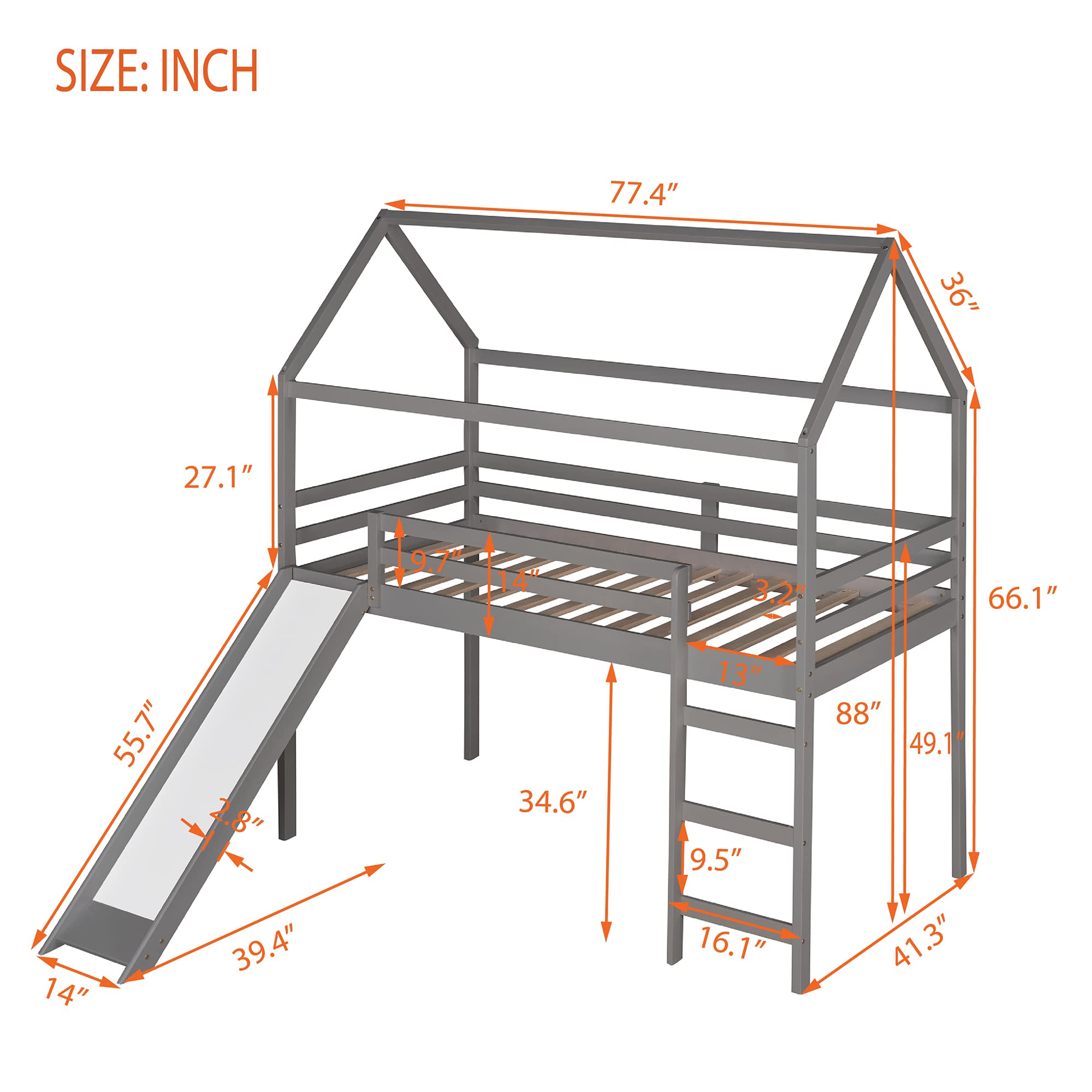 Harper & Bright Designs Twin Size Loft Bed with Slide, Kids House Bed with Slide, Solid Wood Bed Frame for Kids Girls & Boys, Gray