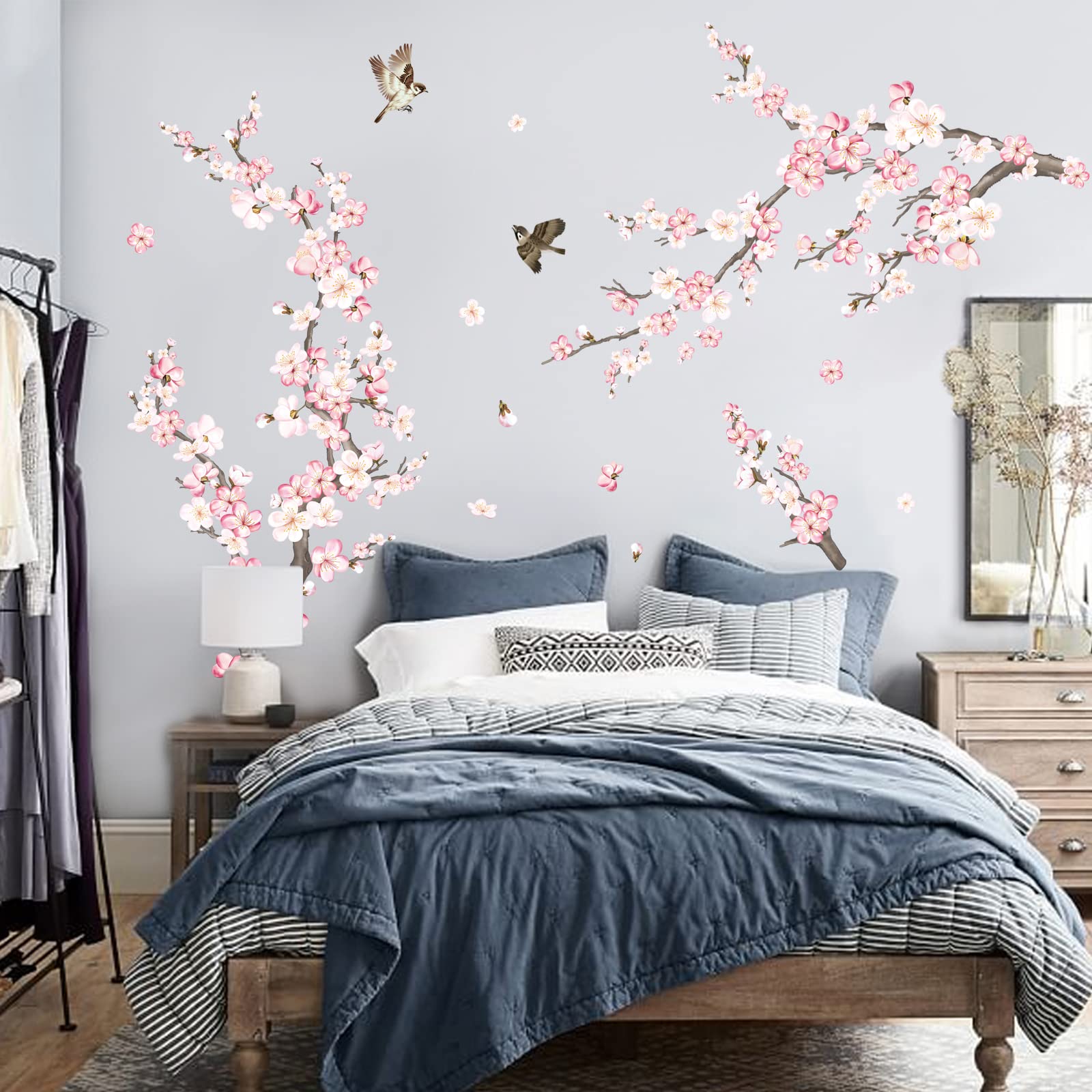 wondever Cherry Blossom Wall Stickers Pink and White Flower Tree Branch Peel and Stick Wall Art Decals for Living Room Bedroom TV Wall