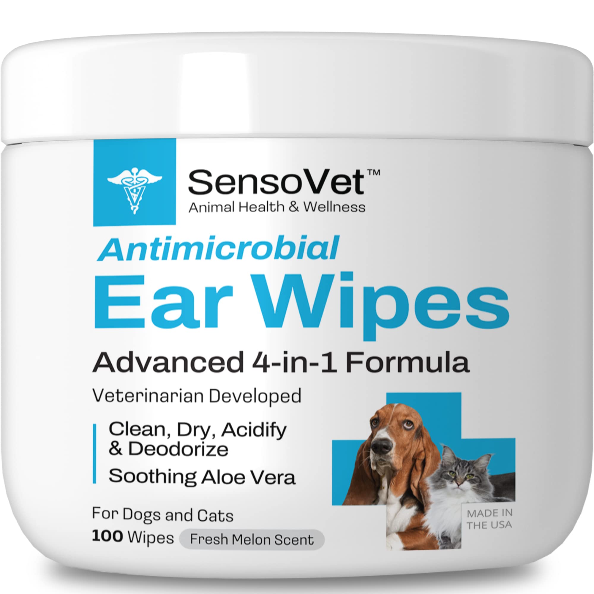 SensoVet 4-in-1 Ear Wipes for Dogs & Cats: Quick-Clean Formula with Aloe Vera – Deodorizes, Acidifies & Dries – Alcohol & Sting-Free – Promotes Healthy Ears