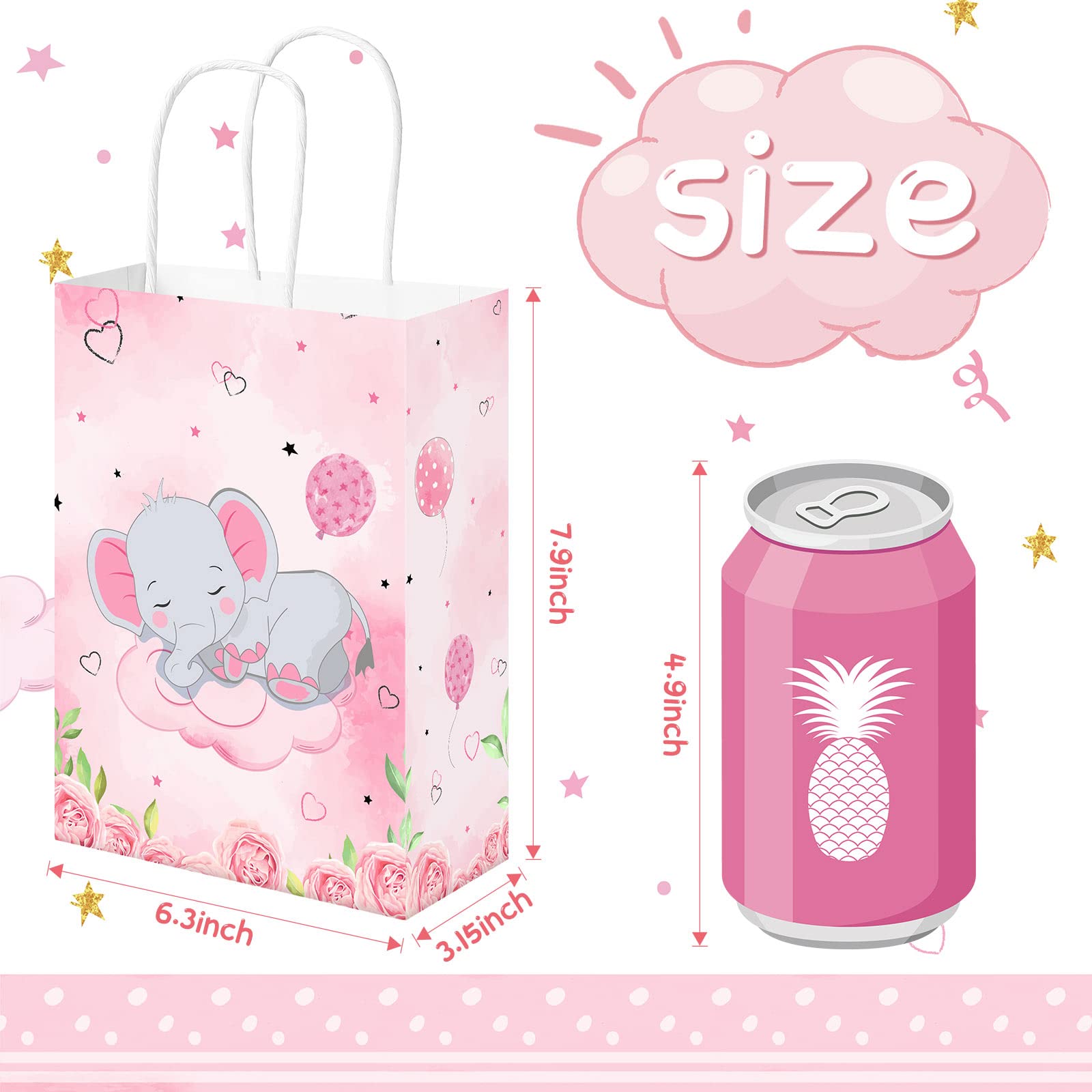 24 Pack Elephant Baby Gift Bags Baby Shower Treat Bags Birthday Party Favor Bags Candy Goodie Bags for New Parents Sprinkle Birthday Party Boy Girl Baby Shower Kids Animal Theme Supplies Decor(Pink)