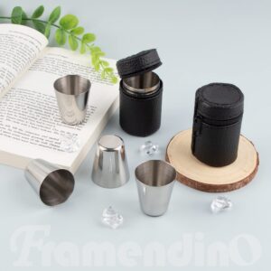 Framendino, 8 Pack Stainless Steel Shot Glass Espresso Shot Cups Barware Drinking Vessel with Black Leather Carrying Case for Home Outdoor(1 Ounce/30 ml)