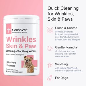 SensoVet Wrinkles, Skin & Paw Grooming Wipes for Dogs - Natural Aloe Vera & Oatmeal (60 Large Wipes)