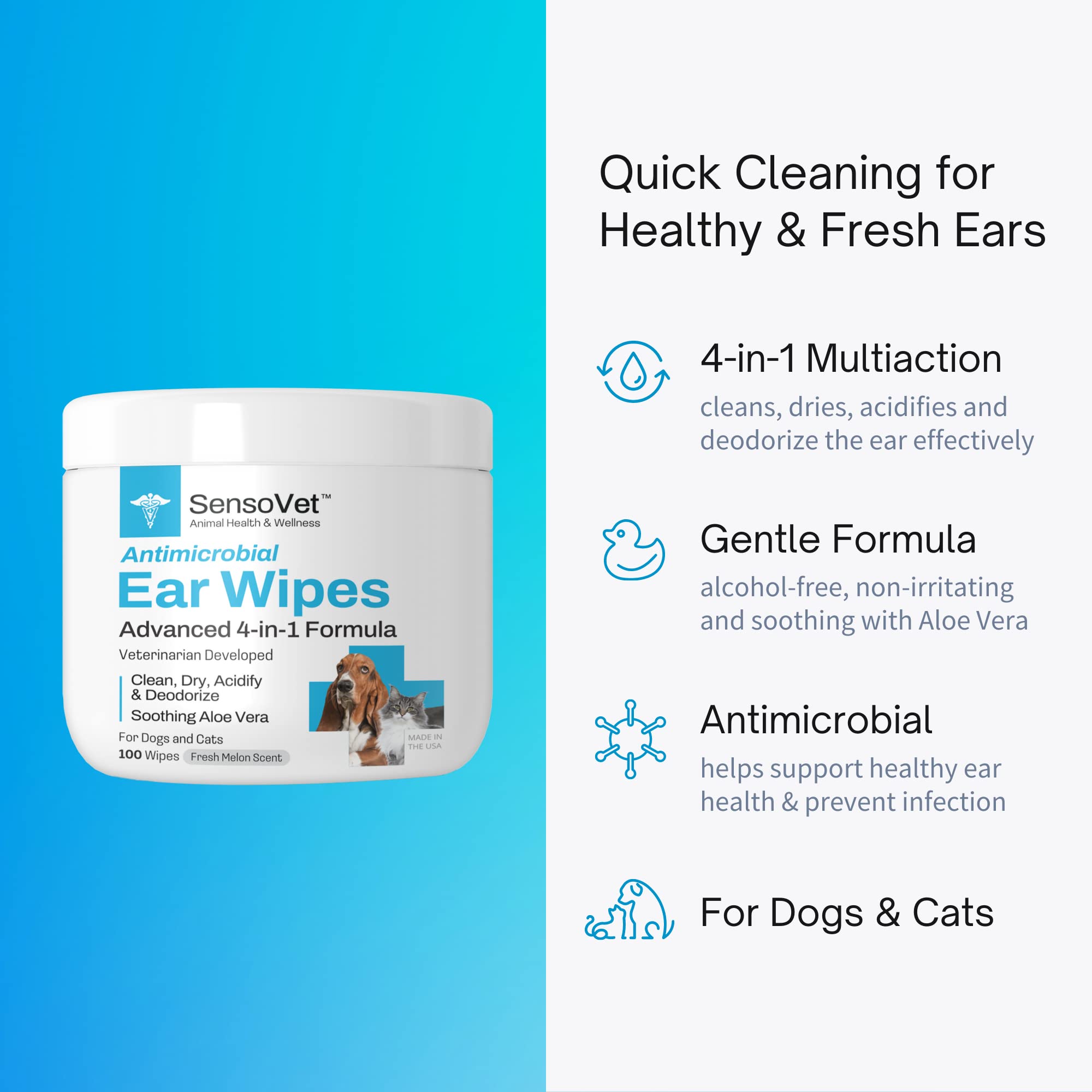 SensoVet 4-in-1 Ear Wipes for Dogs & Cats: Quick-Clean Formula with Aloe Vera – Deodorizes, Acidifies & Dries – Alcohol & Sting-Free – Promotes Healthy Ears